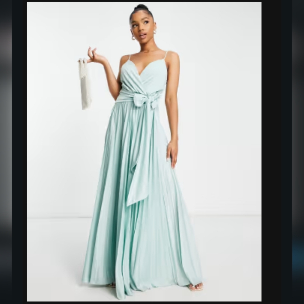 Asos Sz 6 Mint Green Plunge Pleated Maxi Dress Seafoam Nwt Prom Wedding